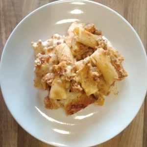 Tortiglioni pasticciati con vitello e pancetta